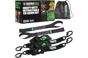 Rhino USA Retractable Ratchet Straps (2-Pack) - 5cm x 3m (1,360kg Break Strength) - Heavy Duty Auto Self-Retracting Tie Down Straps for Truck, Cargo Trailer, Motorcycle, Bike & More - Black