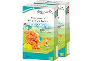 FLEUR ALPINE Biscuits Bébé au Jus de Raisin, 2x120g I Collation Alimentaire Complet pour Tout-Petits à Partir de 6 Mois et Plus I Biscottes à Grignoter au Blé Entier sans Sucre Ajouté I 12x2 Biscuits