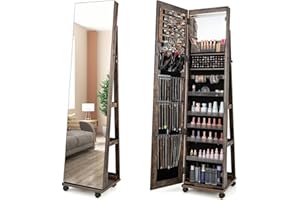 Multigot LED Jewellery Cabinet, Free Standing Mobile Jewelry Armoire with Full-Length Mirror, Built-In Small Mirror and Universal Wheels, Lockable Makeup Storage Organizer for Bedroom (Coffee)
