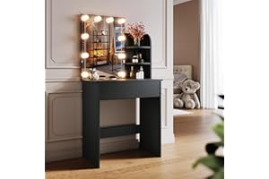 SONNI Toaletka z oświetleniem LED i lusterkiem HD, z 10-stopniową regulacją jasności, 3 kolory, toaletki z szufladami do sypialni, 3 otwarte przegrody, czarna, 70x40x140cm