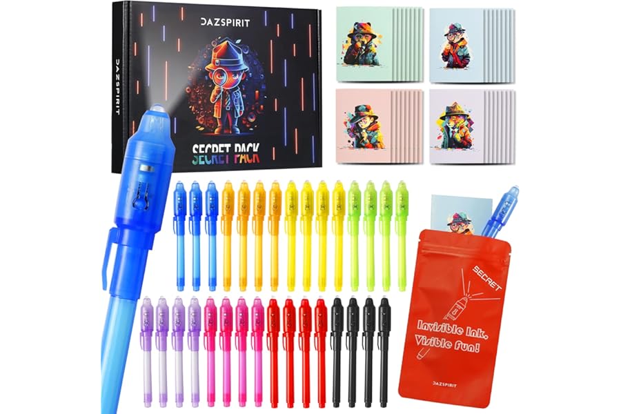 DazSpirit 32 Pieces Invisible Ink Pens and Notebooks Set - Detective Theme, UV Light Spy Pens Party Bag Fillers for Boys and Girls, Magic Secret Message for Detective Parties, Treasure Hunt