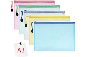 Vicloon Plastic Wallets, 5Pcs A3 Zip Lock Bags Mesh Document Wallet Document Folders Plastic Pockets Zipper File Wallet for School Office Homework Travel Storage Bags (Multicolor)