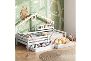 ‎MERAX Merax Kinderbett 90x200cm mit Rausfallschutz, Kinder Hausbett mit Schubladen und Ablageregal, Stabiles Holz Baumhausbett mit Lattenrost, Spielbett für Jungen & Mädchen, Weiß