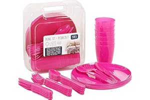 GEEZY 31 Piece Camping Picnic Plastic Utensils BBQ Set with Knives Forks Spoons Cups & Plates (Pink)