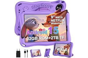‎SUAAT SUAAT 2026 Neuestes Kinder Tablet 9 Zoll Android 15 Kids Tablet Octa Core,12(6+6) GB RAM + 32GB ROM, 5G+2,4G WiFi,GMS,Widevine L1,BT 5.0,5000 MAh, AI,SD-Kartenunterstützung, Eva-Schutzhülle – Lila