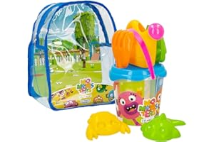 ColorBaby 77270 - Momonsters Set Cubo de Playa Infantil con Mochila, Pala, rastrillo, regadera y Accesorios, Juguetes de Verano para niños y bebés