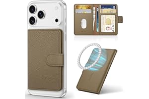 SHIELDON Tarjetero Adhesivo, Cartera Magnética de Cuero Genuino Extraíble [Bloqueo RFID][Ranura para Tarjeta] Leather Phone Wallet para iPhone Serie 17/16/15/14/13/12 - Grano de Litchi Caqui