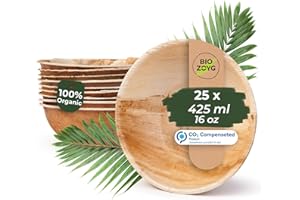 BIOZOYG 25x Cuenco de hoja de palma 425 ml redondo - Plato hondo desechable para sopa, cuenco para ensalada compostable - Vajilla de fiesta sostenible