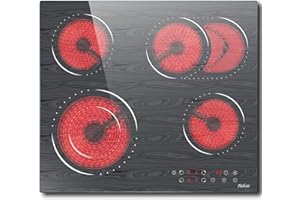 Hobsir hob Glaskeramikkochfeld 4 Platten Kochfeld Autark 60 cm kochfeld, Sensor-touch Control, 6600W, Doppelzone, Ovale Zone, 9 Leistungsstufe, Kindersicherung, Timer, Kein Stecker,LH06