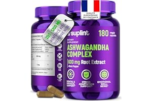 SUPLINT Ashwagandha en gélules – 600 mg d’extrait de racine avec 5% de withanolides – haute concentration – 180 gélules véganes – testé en laboratoire, certifié GMP, cure de 3 mois (1 Pack)