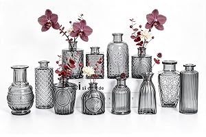 12 stycken, små glasvaser, liten vas, vintagestil med strukturmönster, för blommor och heminredning (svart, 12 stycken)
