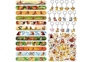 GXHONG 78 Pièces de Cadeaux d'Anniversaire du Roi Lion, Le Roi Lion Party Set de Cadeaux, 12 Bracelets à Déclic, 16 Porte-clés, 50 Autocollants, Jungle Safari Party Accessories, pour Enfants Garçons Filles