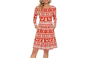 AUSELILY Women's Long Sleeve Pleated Loose Swing Casual Dress with Pockets Knee Length
