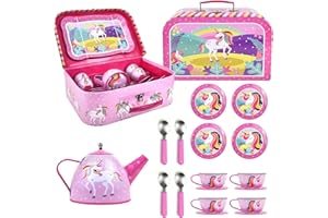 SOKA PLAY IMAGINE LEARN SOKA Unicorn Metal Tin Teapot Set with Carry Case Toy for Kids - 18 Pcs Illustrated Colourful Design Toy Tea Party Set for Boys and Girls Pretend Role Play