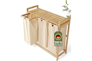AMBIAVO® Wäschesammler Beige – Wäschekorb 3 Fächer mit Ablage, 90L – Bambus Wäschesortierer & Schmutzwäschebehälter – Wäschekorb mit Ablage – Wäsche Sortiersystem für Ordnung im Haushalt