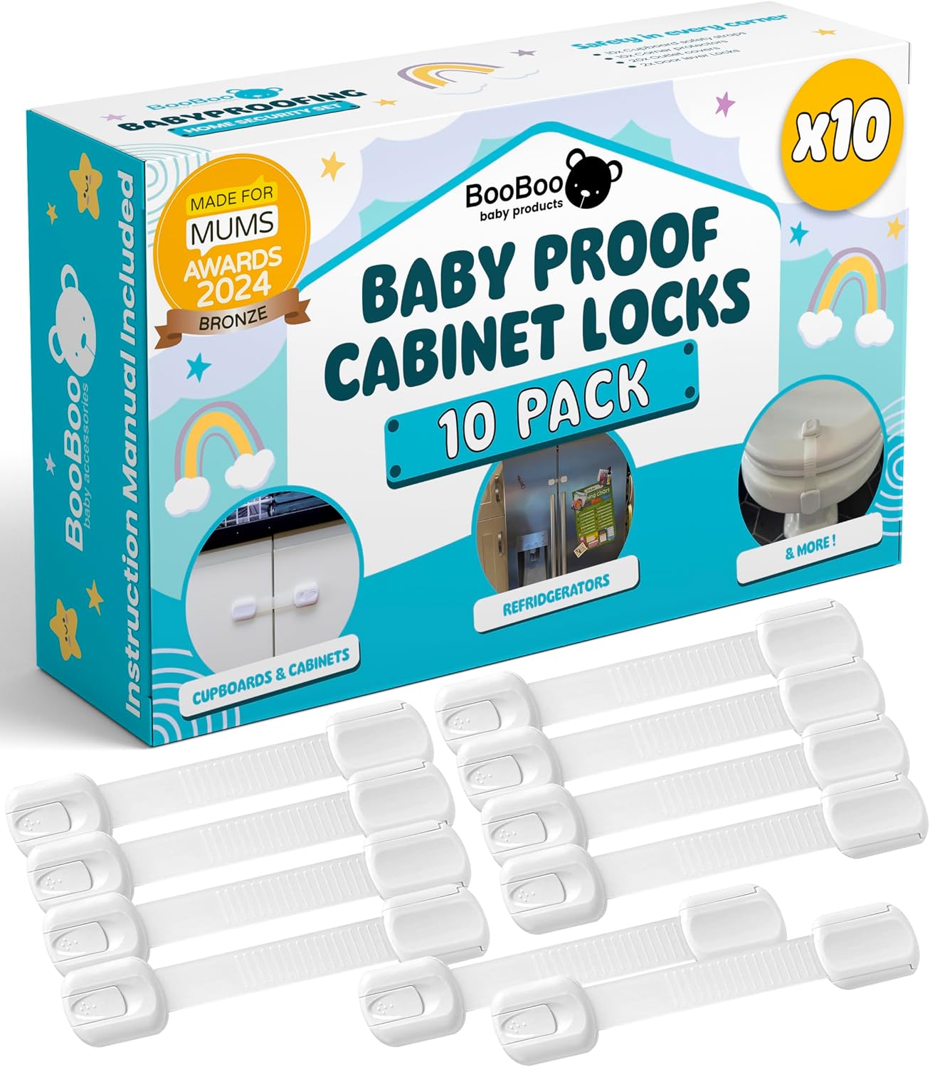 BooBoo Baby (10 PACK) Premium Child Locks For Kitchen Cupboards, Child Proof Cabinet Locks, Drawer Locks Baby Proofing Cabinets with No Drilling, Extra strong Adhesive + 4 Extra Stickers