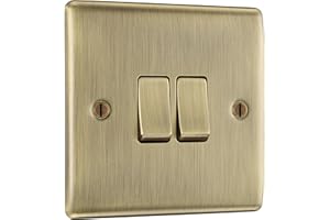 BRITISH GENERAL BG Electrical Double Wall Light Switch, 2 Way, Raised and Slim Profile, Round Edges, Nexus Metal, Antique Brass, 20A, 16AX, NAB42