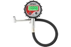VERGO Medidor Digital de Presión para Neumáticos con Manguera Flexible Reforzada– Manometro con Pantalla de 2.5 Pulgadas- LCD iluminada- 0-200 PSI/ 0-14 Bar- Mandril 90°- Auto Coche Moto Camión
