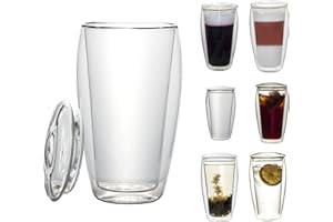 FILOSA 1 verre thermique à double paroi XL de 400 ml avec couvercle en verre (verre thermique avec effet flottant), idéal pour le thé glacé, le bureau, les déplacements ou comme cadeau, « LaBionda » de Feelino