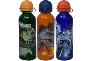 HOVUK Botella de agua de aluminio para niños de 500 ml, 1 botella de agua deportiva de Jurassic-World con boquilla de seguridad para picnic escolar a partir de 3 años