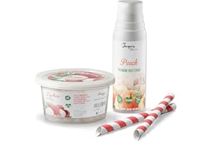 POPPING BOBA ORIGINAL SET pour Bubble tea - 1x Perles Boba Litchi 450 g, 1x Sirop de fruits Pêche 300ml & 2x Pailles, - sans colorants artificiels, 100% VÉGÉTALIEN et SANS GLUTEN