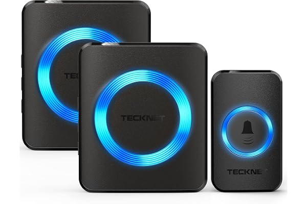 TECKNET Sonnette sans Fil, IP65 Exterieur Étanche Carillon 400 Mètres Two Récepteur Sonnette Electronique, 60 Mélodies 5-Niveaux LED Bleu, pour Maison, Hôtel, Urgence