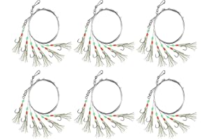 Rodeel Pre-tied Sea Fishing Rigs, 6 Pack / 36 Hooks Fishing Feathers, with Luminous Beads Glowing Tail and Simulated Fish-skin Flasher, Attractor for Mackerel, Herring, Bass, Cod - For Day/Night Use