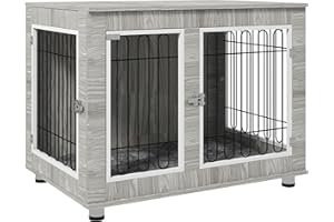PawHut Dog Crate Furniture, Indoor Dog Kennel Side End Table with Cushion, Double Doors, for Large Breeds, 106 x 74 x 81.5 cm, Grey