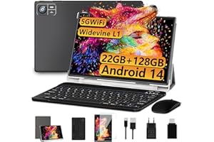 SUAAT Newest Tablet Android 14 10 Pollici 22GB RAM+128GB ROM(1TB TF), 8000 mAH,Octa-Core T606,2.0Ghz, WiFi5G+2.4G, GPS, 8MP + 5MP, Bluetooth 5.0, Cast, Tablet PC con Custodia, Tastiera e Mouse, Nero