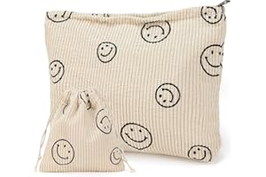 COOLON Corduroy Kosmetyczka z uśmiechniętą twarzą, etui na ołówek, kosmetyczka podróżna na kosmetyki, duża pojemność, kolor biały (1 duży + 1 mały), beżowy, Sztruksowy aksamit (tekstylia)