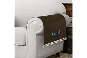 HOKIBERO Dark Coffee Armchair Cover for Arms Sofa Arm Protector Covers Armrest Slipcover for Recliner Chair Linen Armrest Cover for Living Room Couch Sofa Arm Covers, Set of 2, Tassel Edge with Pockets