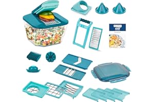 ‎GENIUS Nicer Dicer Chef Professional Gemüsescheider 23-tlg. Gemüsehobel manuell mit 5.2L großem Auffangbehälter Frischhaltedeckel, Spiraleinsätze, Tomatenschneider, Julienne, Salatschneider mit Rezeptbuch