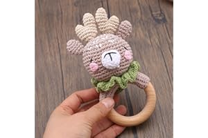 YIEUR Sonaglio per bambini all'uncinetto, grigio alce per bambini, in legno, ideale come regalo per la nascita, anello in legno, realizzato a mano, per ragazzi e ragazze (grigio alce)