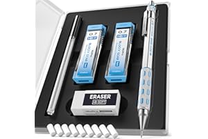 Nicpro Blocky Gear - Set di matite meccaniche da 0,7 mm in custodia, matite in metallo con mine di ricarica, gomma per scrittura artistica professionale e per adulti