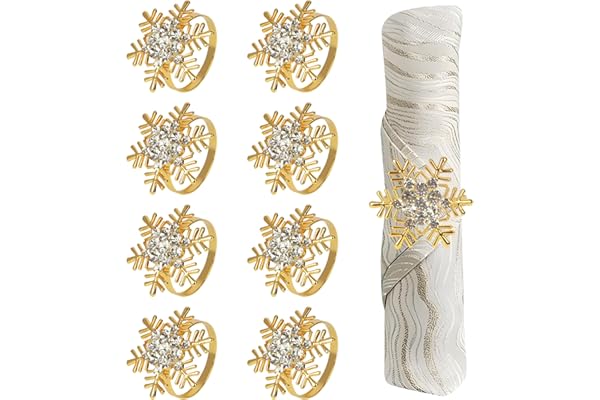 Noël Rond de Serviette 8 pièces Flocon de Neige Anneaux de Serviette Porte Serviettes de Noël pour Décorations de Table Noël,Mariages et Fêtes (Or, Diamètre de l'anneau Circulaire 4 cm)