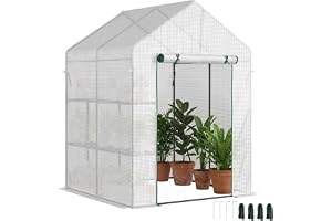 Outsunny Folieväxthus gångbart växthus med 4 hyllplan, tomatväxthus, drivhus, tidig bänk med trädgårdsdörrar, vit, stål, PE-plast, 143 x 143 x 195 cm