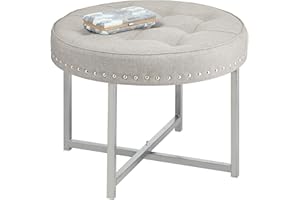 mDesign Sgabello in metallo e poliestere con borchie laterali – Elegante pouf rotondo – Sgabello tondo ideale in soggiorno, cucina, camera da letto, ingresso ecc. – grigio chiaro/argento