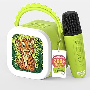 WonderBuddy StoryBox Mini, 200  Stories & Rhymes Preloaded, Educational Toy, RGB Lights, Kids Bluetooth Speaker, Cute Birthday Gift for 3-5 Year Kids, Musical Toys for 3-5 yr - Tiger with Mic