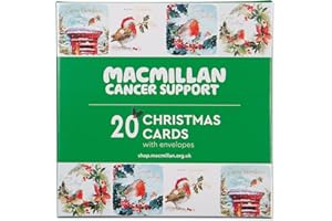 MACMILLAN CANCER SUPPORT Macmillan Christmas Robins Charity Christmas Cards – Pack of 20 Luxury and Eco-Friendly Christmas Cards. Boxed Multipack of 4 Seasonal Christmas Designs. 127x127mm Card Size.