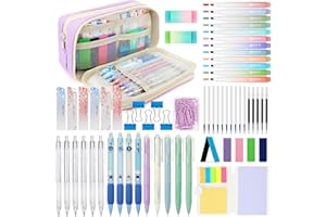 ESSALOO 63 Pezzi Forniture Scolastiche con Astuccio, 12 Evidenziatori Pastello, 5 Penne Gel, 4 Penna Cancellabile, 6 Portamine, Set di Cancelleria Estetica per Studenti, Viola