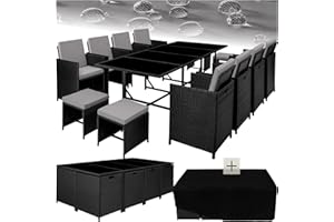 TecTake Salon de Jardin en Résine Tressée - Ensemble Repas Extérieur 8 Chaises Confortables 4 Tabourets 1 Table - Mobilier pour Aménagement Balcon Terrasse - Noir/Gris