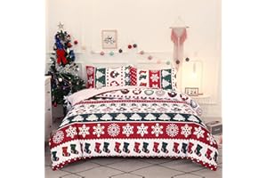 VGZSYOMQIB Natalizio Set Copripiumino Letto Singolo Completo 1 Sacco Copripiumino 135x200 cm e 1 Federe 50x75 cm Copri Piumone Bambini Natale Stampe Parure Biancheria Letto Bambina Ragazza Rosso Verde