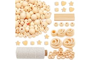 MiuCo Wooden Beads for Crafts, Macrame Kits for Adults Beginners with 50M Cotton, 320Pcs Natura Wood Beads and 10Pcs Wooden Rings for Christmas Crafts DIY Garlan Home Decorations