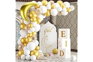 QIFU 91 Pièces Eid Mubarak Decoration Kit - 3 Boite Eid Mubarak Et Kit Arche Ballon Blanc Doré Avec Ballon Lunaire,Ballon Aid Moubarak Boite Eid Pour Decoration Ramadan 2024 Omra Mubarak Deco Fête Aid