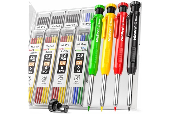 Nicpro 4 Pièces Porte Mines avec Taille crayon, Crayon Chantier avec 52 Recharges, Crayon Charpentier Marqueur à trou Profond, Crayons Menuisier pour Architecte Menuisier(Rouge, Jaune, Noir, Vert)
