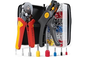 BAURIX® Juego de Alicates Crimpadores con 1800 Terminales de Cable y Pelacables, Crimpadora Autoregulable para 0,25-10mm², Alicate de Crimpar, Herramienta de Crimpado