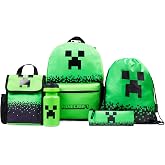 Minecraft School Backpack Set of 5 Pieces Water Bottle Lunch Bag Case Children's Backpack Ropes or Keychain Strap with Drawst