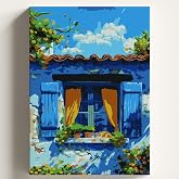 Sayılarla Boyama Tuval Hobi Seti MAVİ EV Temalı Fır&ccedil;a ve Boya Dahil Set (&Ccedil;ıtalı) 40x50 CM Kendin Yap Sayılarla Tuval Boya Kit