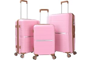 CHARKHAH Hard Shell Suitcase Carry On Travel Trolley Bag Cabin Case PP Lightweight Luggage Sets with TSA Lock & 4 Spinner Wheels Flight Approved MLP-02 (Pink, 3 Piece Set 20" + 24" + 28")