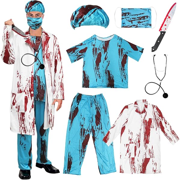 Costume Médecin Zombie Halloween Pour Homme - Ensemble 7 Pièces (blouse, Haut, Pantalon, Chapeau, Masque, Stéthoscope, Couteau) - Taille XL - Effets Sanglants Réalistes